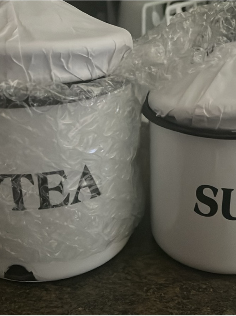 White Enamel TEA & SUGAR Canisters - Set of 2